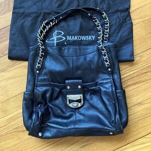 B. Makowsky Black Leather Tote with Chain Straps